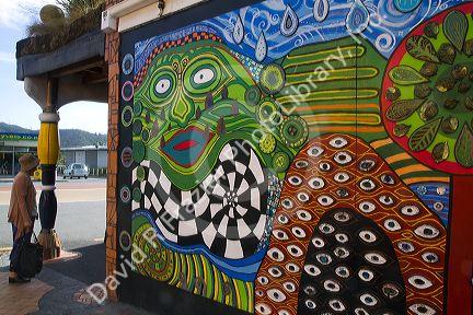 Mural painted on the Kawakawa Memorial Library building at the town of Kawakawa, North Island, New Zealand.