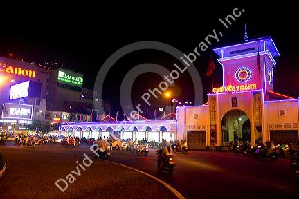 Night view of the Ben Thanh Market in Ho Chi Minh City from the Bitexco Financial Tower, Vietnam.