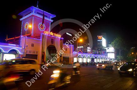 Night view of the Ben Thanh Market in Ho Chi Minh City from the Bitexco Financial Tower, Vietnam.