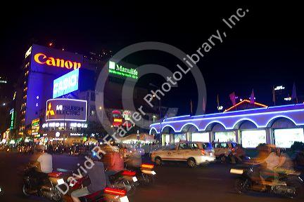 Night view of the Ben Thanh Market in Ho Chi Minh City from the Bitexco Financial Tower, Vietnam.