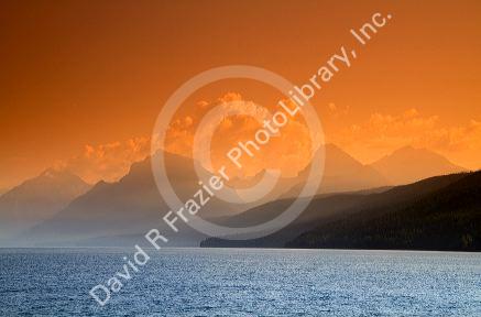 Hazy view of Lake McDonald in Glacier National Park, Montana, USA.