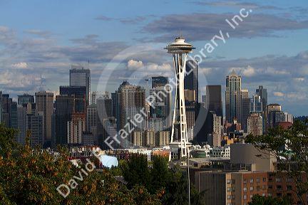 Seattle city scape at sunset with Space Needle, Washington, USA.