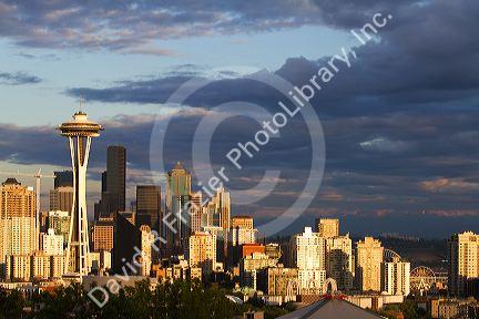 Seattle city scape at sunset with Space Needle, Washington, USA.