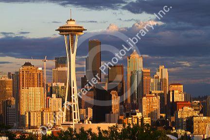 Seattle city scape at sunset with Space Needle, Washington, USA.