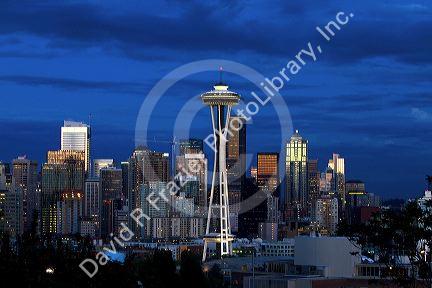 Seattle city scape at dusk with Space Needle, Washington, USA.