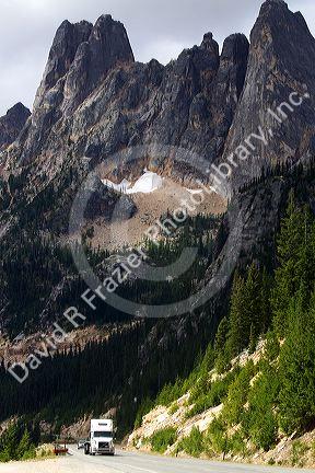 State Route 20 and Liberty Bell Mountain at Washington Pass in the northern Cascade Mountains, Washington, USA.