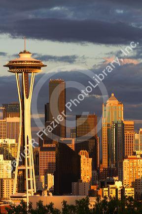 Seattle city scape at sunset with Space Needle, Washington, USA.