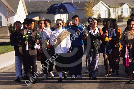 Laotian wedding procession in Boise, Idaho. The groom is escorted to the bride's house for the wedding ceremony by friends and relatives. Groom is dressed in traditional attire walking through a modern american suburban housing development.