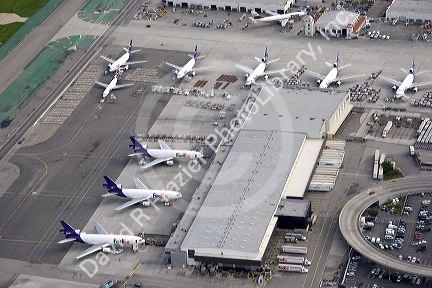Aerial image of FedEx airplanes parked at LAX airport, Los Angeles, California.