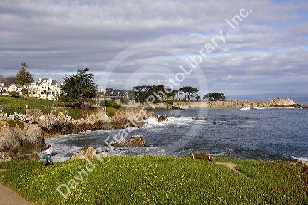 People jogging along the rocky shore in Monterey, California.