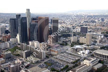 Aerial view of downtown Los Angeles, California featuring the Disney Cultural Center.