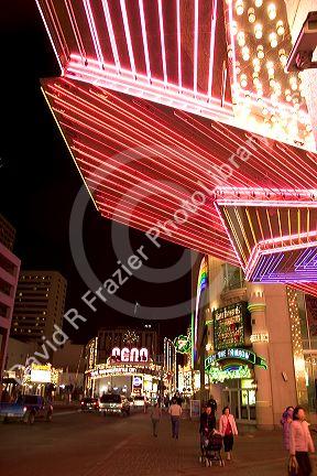 Neon lights on casinos along Virginia Street in Reno, Nevada.