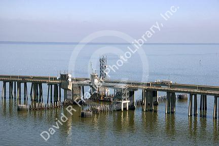 Causeway and drawbridge on the causeway across Lake Pontchartrain near New Orleans, Louisiana.