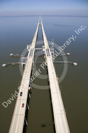 Causeway and drawbridge on the causeway across Lake Pontchartrain near New Orleans, Louisiana.
