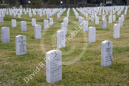 Grave stones at the National Cemetery in Biloxi, Mississippi.