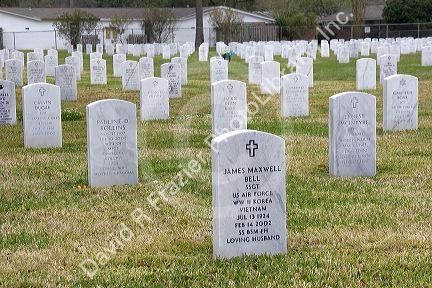 Grave stones at the National Cemetery in Biloxi, Mississippi.
