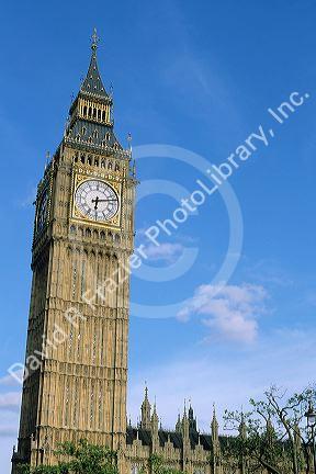 Big Ben clock tower on parliament building in London, England.