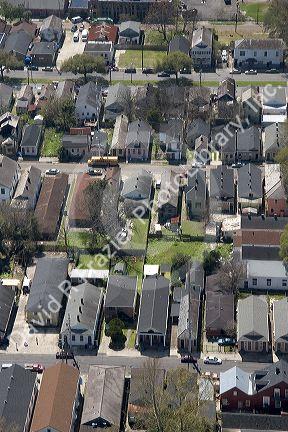 Aerial view of housing in New Orleans, Louisiana showing shotgun houses which are long and narrow.