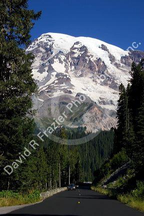 Mt. Rainier and highway through Mt. Rainier National Park, Washington.