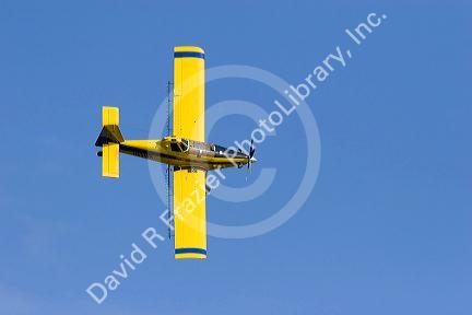 A crop duster spraying a corn field with insecticide west of Danville, Iowa.