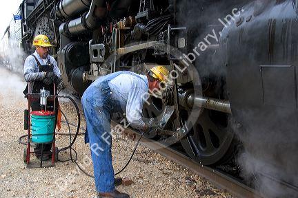 Close view of historic Challenger locomotive steam engine.