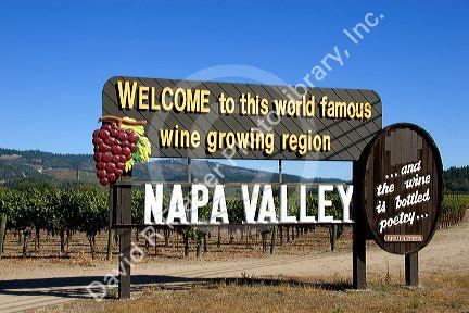 A sign welcoming you to Napa Valley famous for its wine growing region, California.