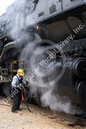 Close view of historic Challenger locomotive steam engine.