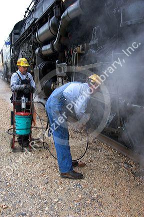 Close view of historic Challenger locomotive steam engine.