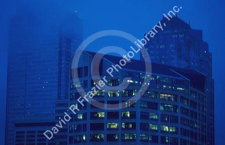 A rainy night city scene of Seattle Washington.