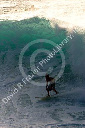Surfing on waves in the pacific ocean off the island of Maui, Hawaii.