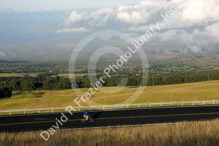 Tourists ride bicycles along the Mount Haleakala Road on the island of Maui, Hawaii.