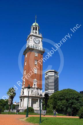 The English Tower in Buenos Aires, Argentina with modern office in background.