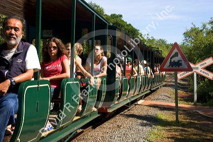 Passengers ride on the Green Train of The Jungle at Iguazu, Argentina.