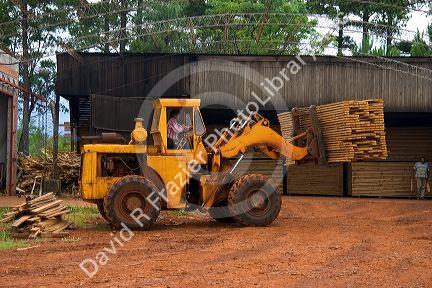 Loader moves lumber at a mill in Argentina.