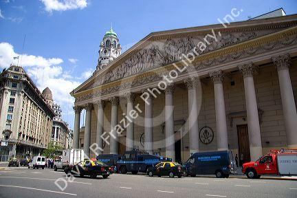 Police vehicles parked in front of the Metropolitan Cathedral in Buenos Aires, Argentina.