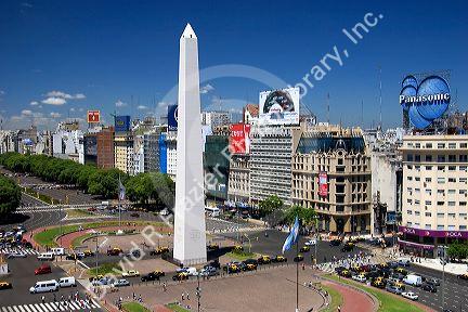 Overview of 9th of July Avenue in Buenos Aires, Argentina at Plaza de la Republica with the Obelisk.
