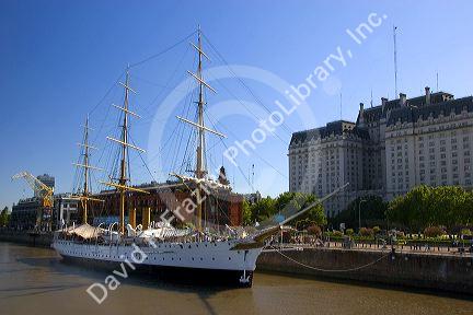 Frigate Saramiento navy training sailing ship docked at Puerto Modero, Buenos Aires, Argentina.