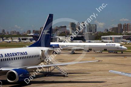 Airplanes and ground crews at the Ezeiza Airport in Buenos Aires, Argentina.