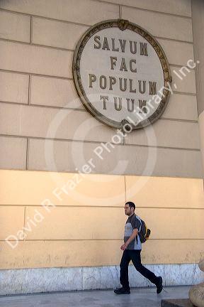 Sign in Latin on the Metropolitan Cathedral in Buenos Aires, Argentina.