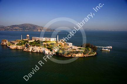 Aerial view of Alcatraz Island in the San Francisco bay, California.