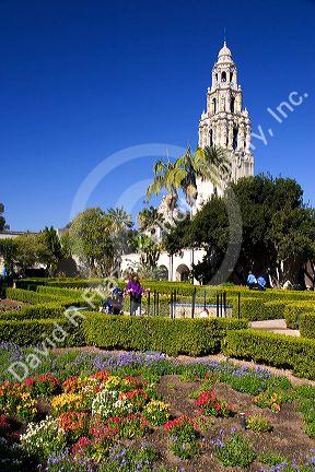 Flower gardens and landscaping in front of the Museum of Man at Balboa Park in San Diego, California.