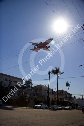 Boeing 737 airplane landing at San Diego, California.