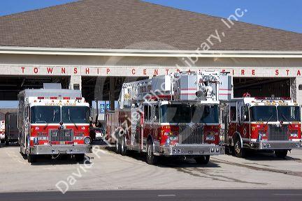 Fire trucks at Delta Township fire station near Lansing, Michigan.