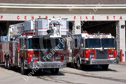 Fire trucks at Delta Township fire station near Lansing, Michigan.