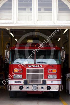 Fire station with fire trucks at Wapakeneta, Ohio.