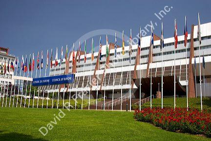 Council of Europe building and flags of member nations in Strasbourg, France.