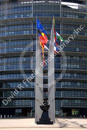 European Union Parliament and flags of member nations in Strasbourg, France.