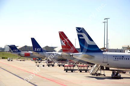 Aircraft parked at Schiphol International airport in Amsterdam, Netherlands.