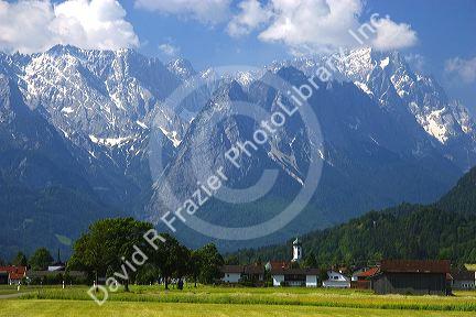 The town of Farchant and the Austrian Alps in Southern Germany.