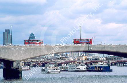 Buses crossing the River Thames in London, England.